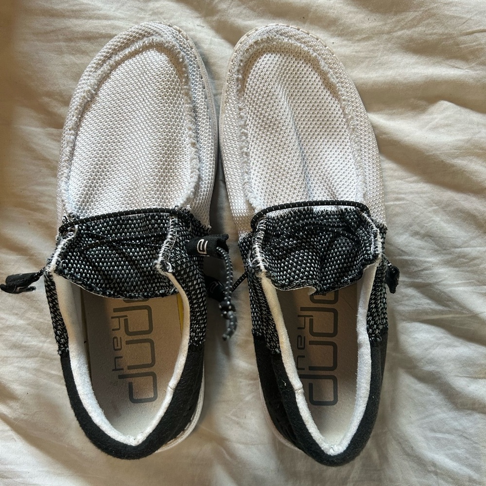 Hey Dude Black and White Knit Loafers
